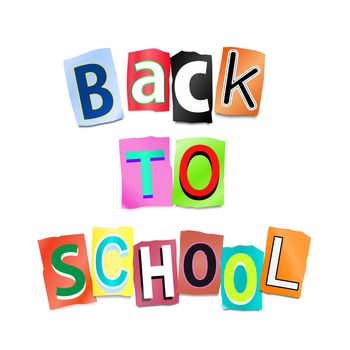 Illustration depicting cutout printed letters arranged to form the words back to school.