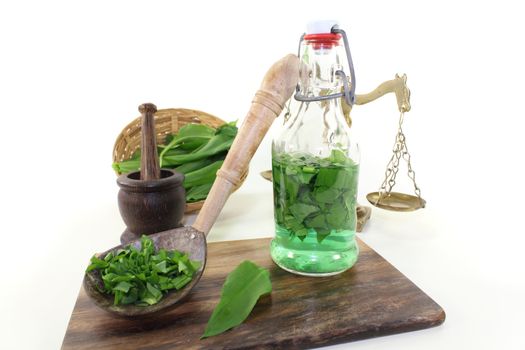 wild garlic tincture in a bottle with spoon on light background