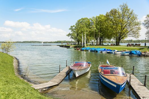 Boats on the lake Chiemsee in Germany in spring