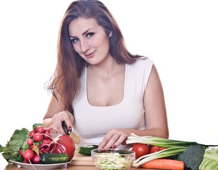 Smiling woman cooking healthy food isolated