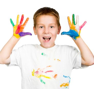 cute little boy with hands in paint isolated on white background