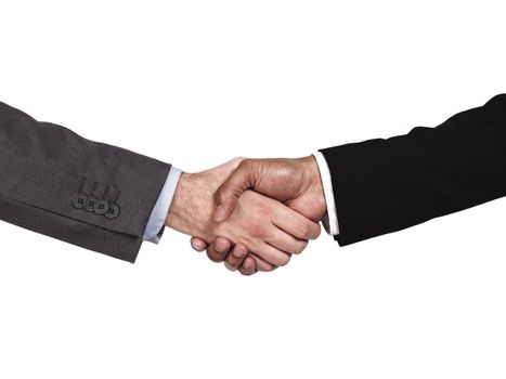 Cropped image of business people shaking hands on white background, Model: Kareem Duhaney