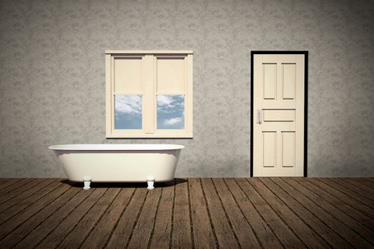 old style bathtub in a retro bathroom with plank wood floor