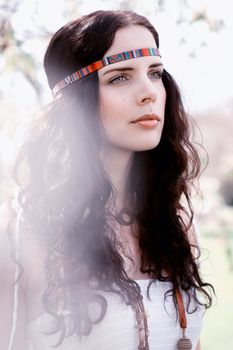 beautiful dreamy woman in summer outdoor