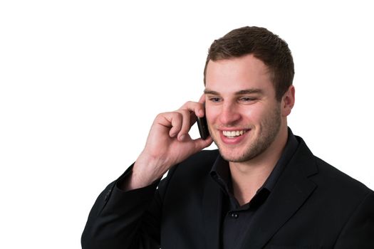Young Man in jacket talking on the phone and smiling
