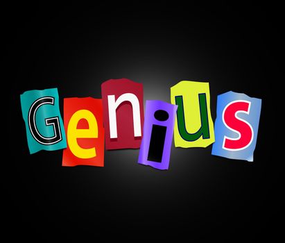 Illustration depicting cutout printed letters arranged to form the word genius.