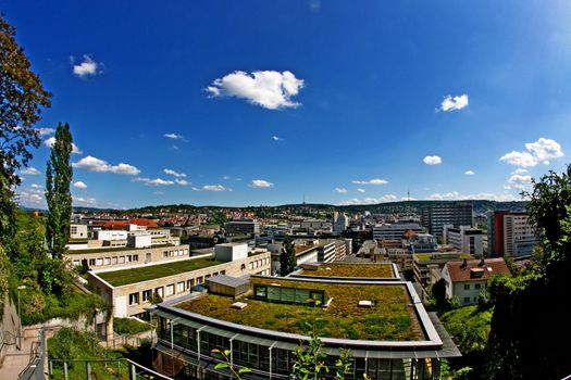 View over Stuttgart, Germany with the university of cooperative education in the foreground
