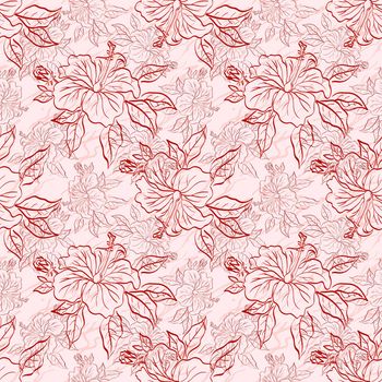 Seamless floral background, hibiscus flowers and leaves, red contours on white.