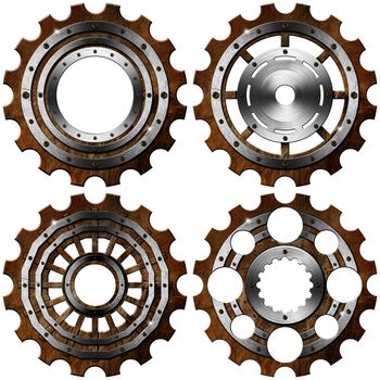 Four metal and brown gears with bolts isolated on white background
