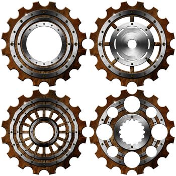 Four metal and brown gears with bolts isolated on white background
