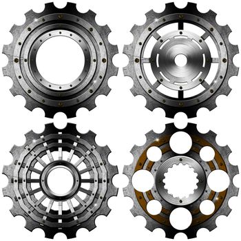 Four metal and gold gears with bolts isolated on white background