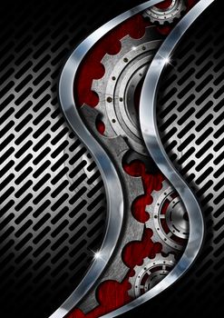 Industrial background with metal grid and gears on red background