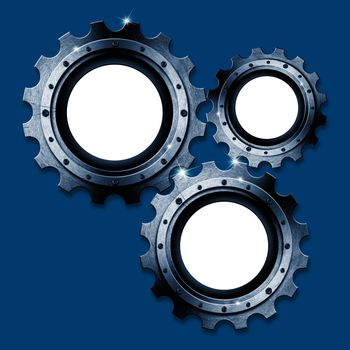 Industrial blue metal background with 3 gears with copy space
