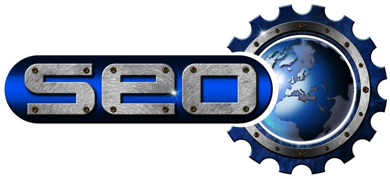 Illustration with metal written SEO, metal gear and blue globe
