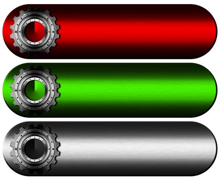 3 industrial banners red, green and gray with metal cogs