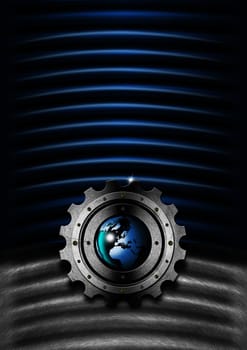 Industrial metal background with gear and blue globe
