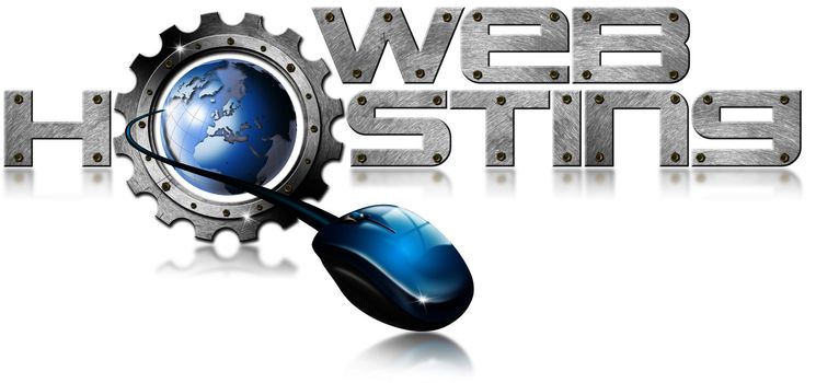 Illustration with metal written Web Hosting, metal gear, mouse and blue globe