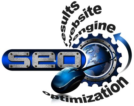 Illustration with metal written SEO, metal gear, mouse and blue globe
