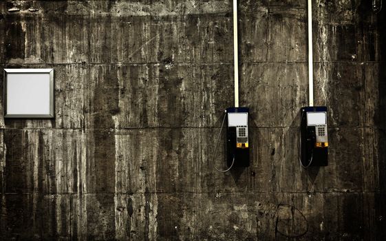 Here is 2 public phones and a blank board. You can link them to create some kind of communication. Feel free to put your idea on this little composition. Picture taken in an underground Montreal metro station.