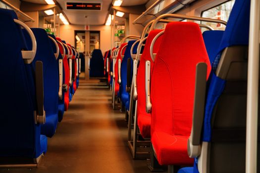 Passenger seats in an empty train. Closeup