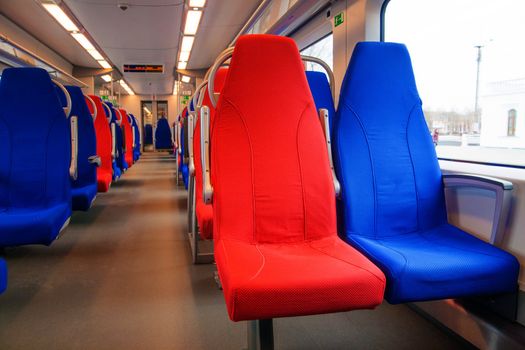 Passenger seats in an empty train. Closeup