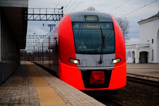 Passenger train at the railway station. Novgorod, Russia