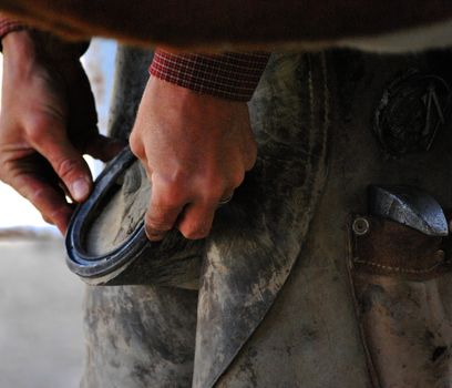 Farrier working on horse shoes on a ranch.