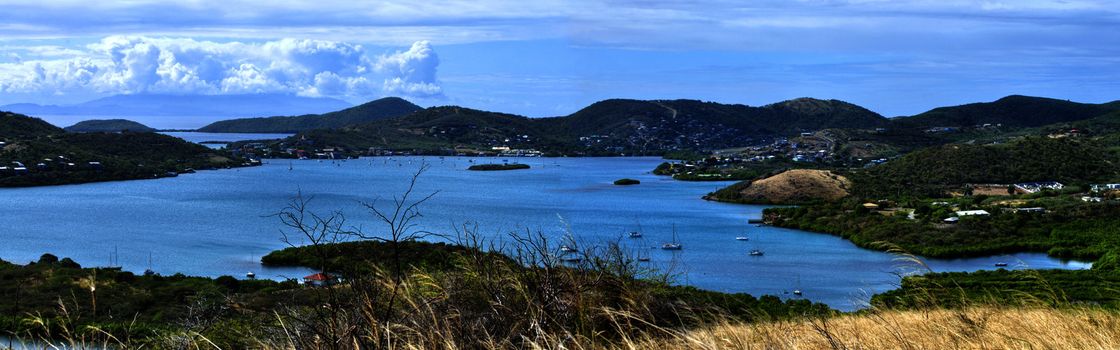 Beautiful panoramic of Ensenada Honda on Isla Culebra, Puerto Rico on sunny day taken from top of hill