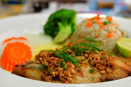 fish steak served with fried rice and vegetable on white dish