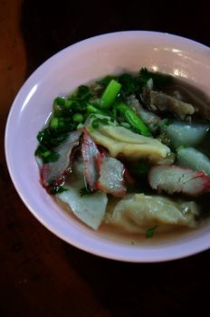 top view Wonton noodles. pork soup asian food