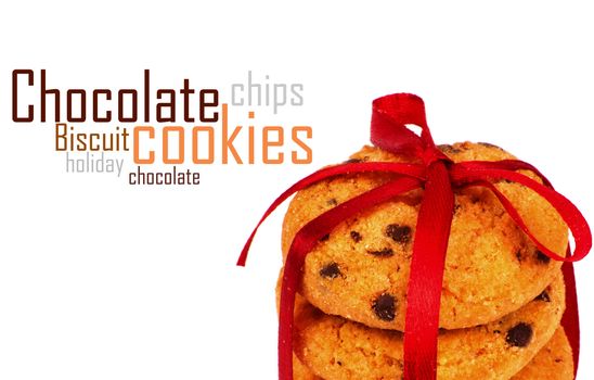 Chocolate chips cookies with red ribbon isolated on white