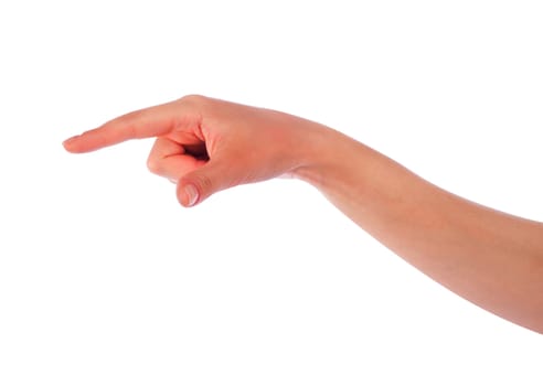 Woman hand touching virtual screen. Isolated on white.