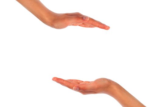 Close-up of beautiful woman's hand, palm up. Isolated on white background