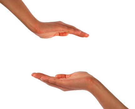 Close-up of beautiful woman's hand, palm up. Isolated on white background