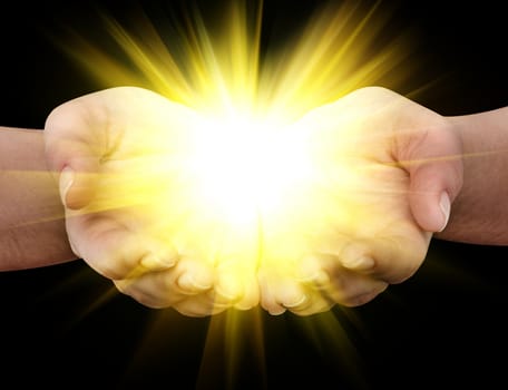 Holding hands open with glowing lights