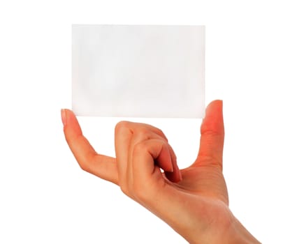 Businesswoman's hand holding blank paper business card, closeup isolated on white background