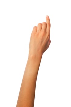 Woman hand touching virtual screen. Isolated on white.