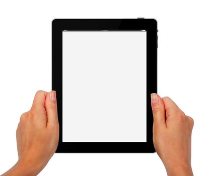 female hands holding a tablet touch computer gadget with isolated screen