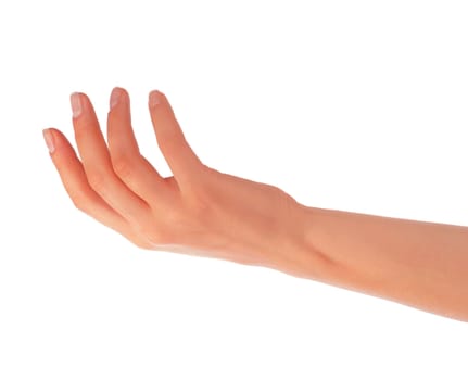 Empty open woman hand on white background