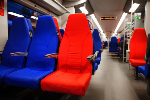 Passenger seats in an empty train. Closeup