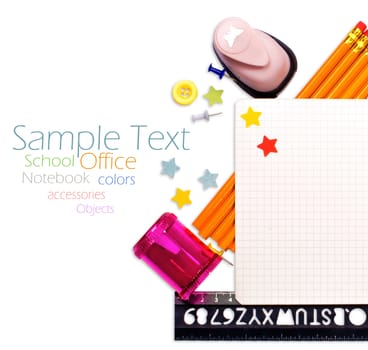 Photo of office and student gear over white background - Back to school concept