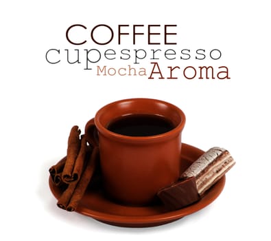 Closeup shot of freshly prepared cup of italian espresso with cinnamon and candy over white background