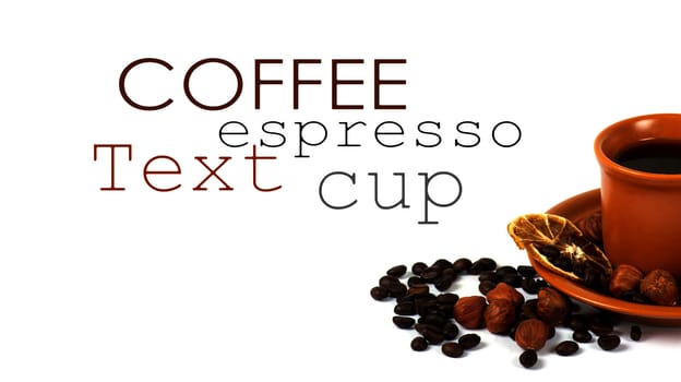 Cup of coffee with ingredients on a white background