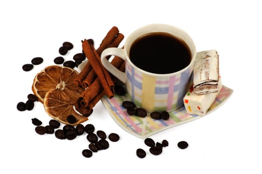 Coffee cup and grain on white background