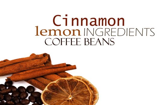 coffee beans, cinnamon and lemon isolated on white