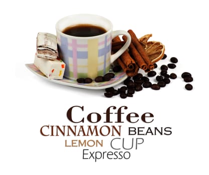 Cup of coffee with ingredients on a white background