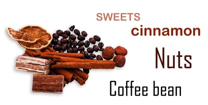 coffee beans, cinnamon and lemon isolated on white