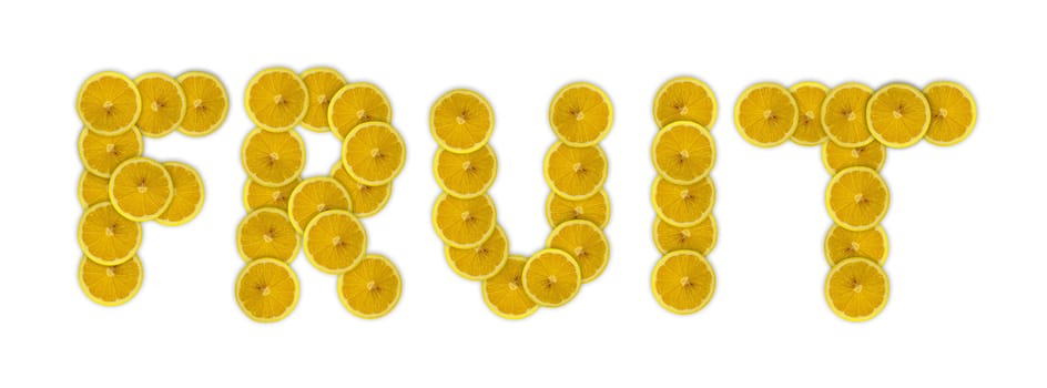 Fruit word made by slice of lemon isolated on white