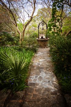 Beautiful Lush Park Walkway and Antique Well with a Variety of Foliage.