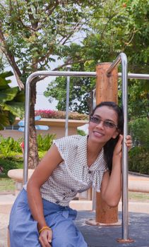 Thai Girl Portrait of happy tourist travel in Vacation.